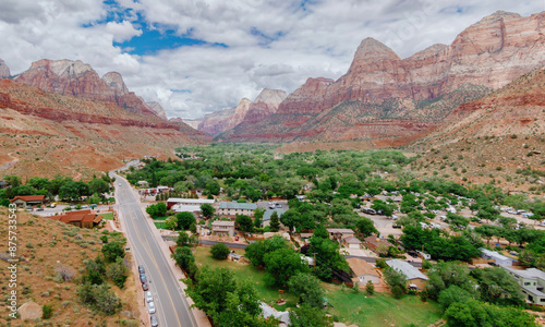 Mountains and villlage of Springdale at the entranceway to Zion National Park, Utah, United States of America.