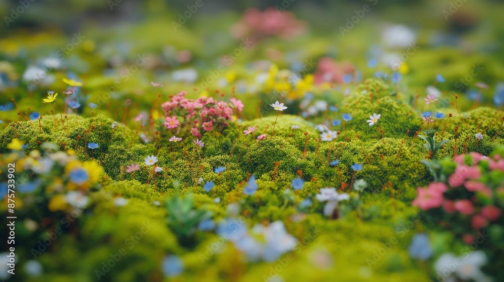 A close-up of moss with tiny wildflowers intermingled, the texture rich and colorful, providing a beautiful background for nature-related travel content. A close-up of moss with tiny wildflowers intermingled, the texture rich and colorful, providing a beautiful background for nature-related travel content.