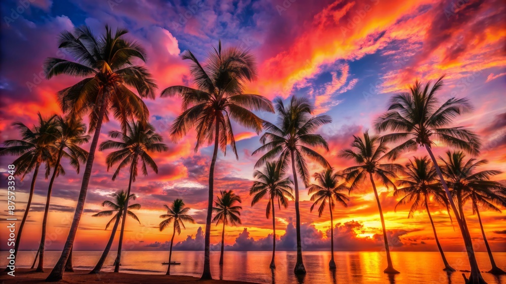 Vibrant orange and pink hues of a serene sunset backdrop with majestic palm trees, creating a romantic atmosphere. Vibrant orange and pink hues of a serene sunset backdrop with majestic palm trees, creating a romantic atmosphere.