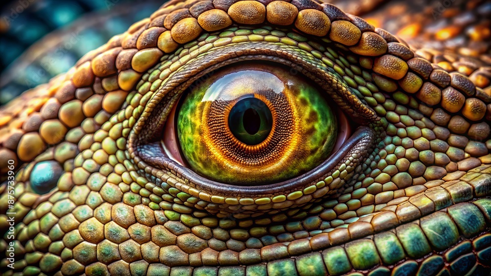 Fototapeta premium Intensely focused reptilian eye with scaly lids and piercing gaze, showcasing razor-sharp teeth and nostrils in vivid detail.