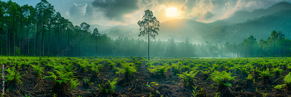 Misty morning in a green forest, with sunlight streaming through the trees