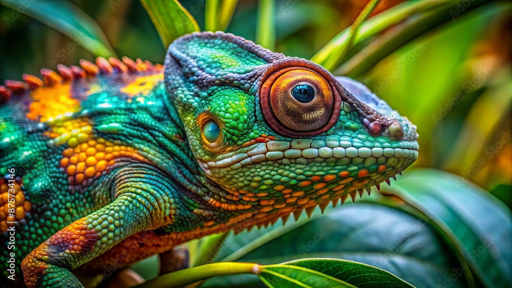 Obraz premium Vibrant, camouflage-adorned chameleon's scales shimmer in shades of emerald, amber, and turquoise, blending seamlessly with lush, tropical foliage surroundings.