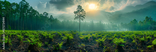 Misty morning in a green forest, with sunlight streaming through the trees