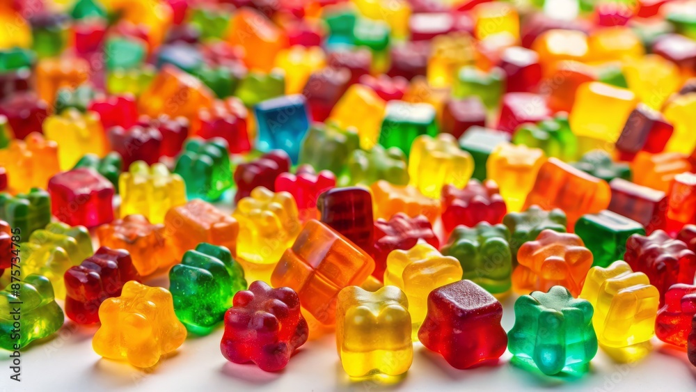 Vibrant colorful sugary gummy bears cubes scattered on white background with shallow depth of field and soft natural lighting. Vibrant colorful sugary gummy bears cubes scattered on white background with shallow depth of field and soft natural lighting.