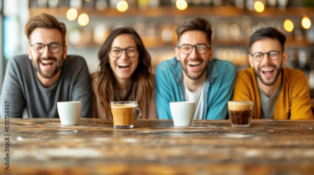 A group of people are sitting around a table with cups of coffee and smiling A group of people are sitting around a table with cups of coffee and smiling