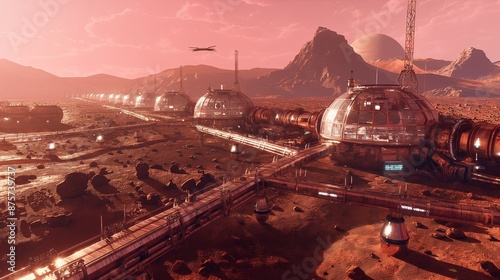 A colony on Mars with pressurized living modules, interconnected with walkways and equipped with life-support systems, under a pink Martian sky.