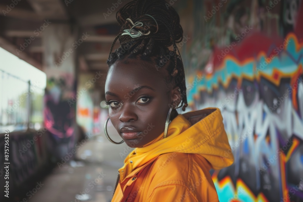 Portrait of a woman with braided hair in a yellow jacket against colorful graffiti background. Portrait of a woman with braided hair in a yellow jacket against colorful graffiti background.