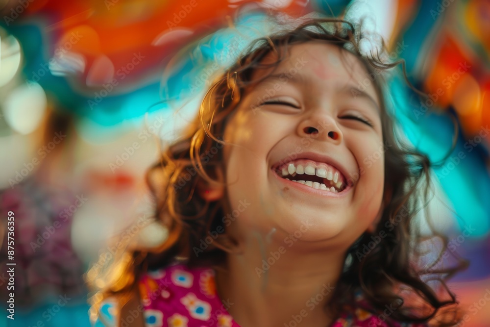 A joyful child laughing heartily, with curly hair and a colorful background. The image captures pure happiness and innocence. A joyful child laughing heartily, with curly hair and a colorful background. The image captures pure happiness and innocence.