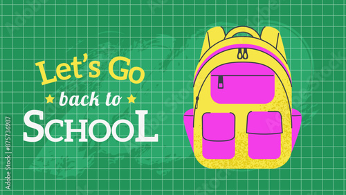 Back to School Banner with Backpack on Green Chalkboard with Checkered Background