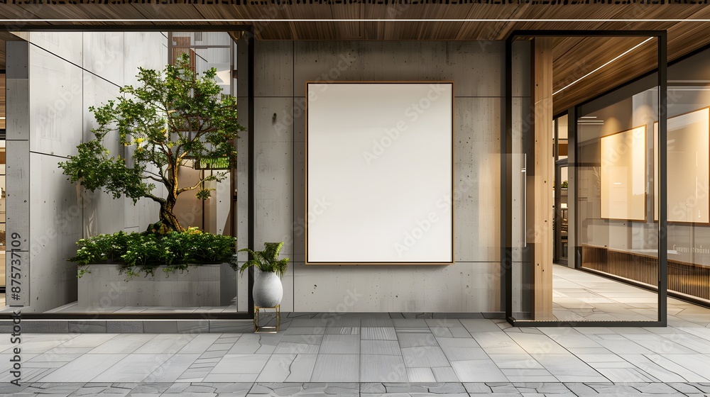 Fototapeta premium A modern minimalist store front with a large blank white poster on the wall, a tree in a planter box outside the window, a light grey stone floor, glass doors and windows.