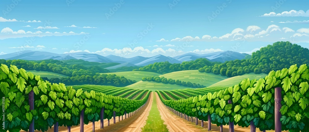 Naklejka premium Rolling vineyards under a clear sky, pixel art, vibrant greens, 8bit, lush and bountiful