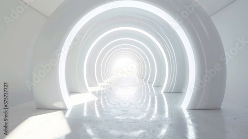 Minimalist white corridor with concentric patterns leading to a central bright light, symbolizing a journey to enlightenment