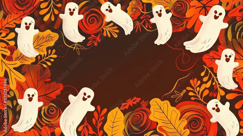 Fototapeta premium Whimsical Halloween frame featuring playful ghosts and autumn leaves, perfect for seasonal greetings and festive designs.