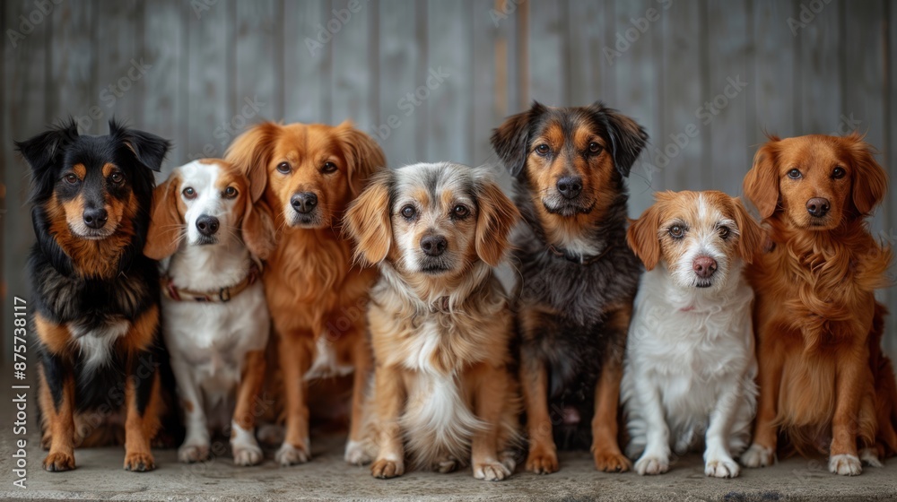 A Group of Seven Dogs Sitting in a Row A Group of Seven Dogs Sitting in a Row
