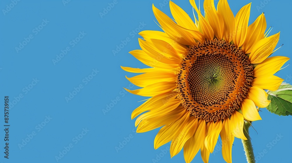 Blooming sunflower on a blue background closeup on a summer sunny day sunflower with bright yellow petals on a blue sky background in the summertime Blooming sunflower on a blue background closeup on a summer sunny day sunflower with bright yellow petals on a blue sky background in the summertime