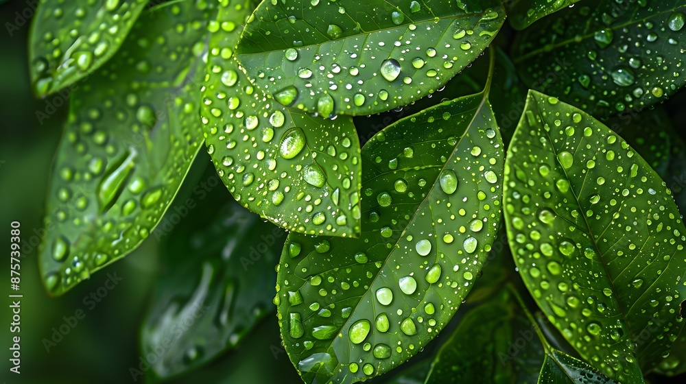 A detailed view of dewdrops on the vibrant green leaves of a garden plant, emphasizing their texture and the natural freshness of a morning setting. A detailed view of dewdrops on the vibrant green leaves of a garden plant, emphasizing their texture and the natural freshness of a morning setting.