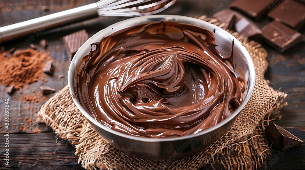 Bowl of chocolate cream with whisk on wooden table Bowl of chocolate cream with whisk on wooden table
