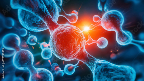 Glowing interconnected cells with a vibrant red nucleus.