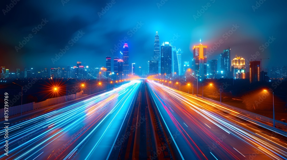 A long exposure photograph of city lights on the highway, creating streaks and patterns in blue, orange, green, and yellow colors against an urban skyline at night. A long exposure photograph of city lights on the highway, creating streaks and patterns in blue, orange, green, and yellow colors against an urban skyline at night.