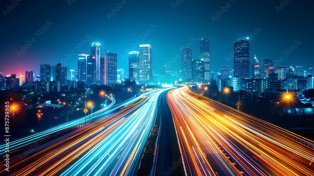 Fototapeta premium A long exposure photograph of city lights on the highway, creating streaks and patterns in blue, orange, green, and yellow colors against an urban skyline at night.