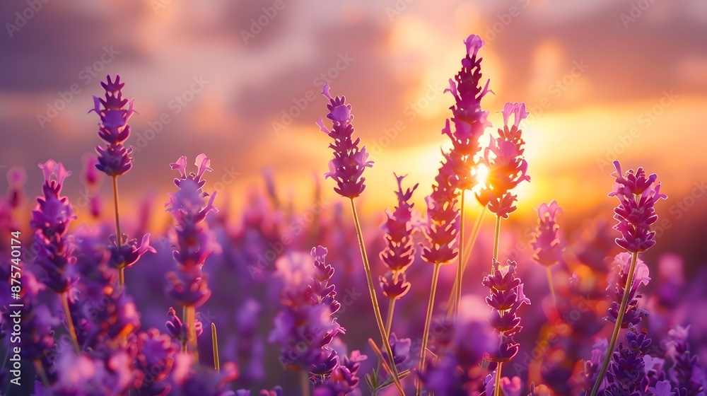 Obraz premium A meadow of bright purple lavender, their slender stems swaying gently in the wind under a sunset sky painted with pastel hues. The focus is on the delicate blooms of the flowers.