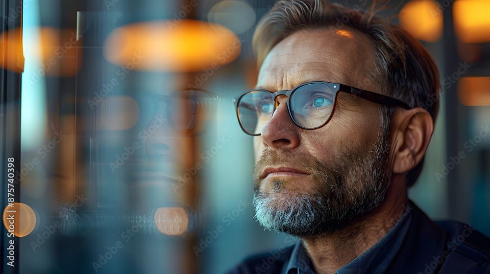 A middle-aged man with glasses is looking out the window in an office, he has short hair and beard. while being surrounded by modern architecture. A middle-aged man with glasses is looking out the window in an office, he has short hair and beard. while being surrounded by modern architecture.