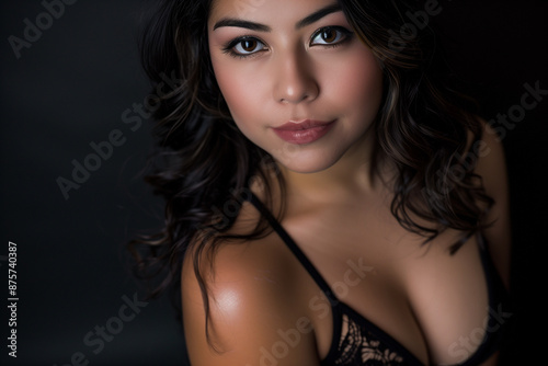 Natural smiling portrait of a hispanic latino indian asian woman against dark grey background