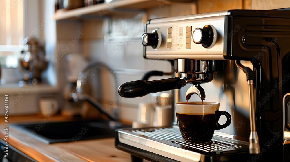 Close up of modern coffee machine for making fresh coffee standing table in the kitchen Close up of modern coffee machine for making fresh coffee standing table in the kitchen