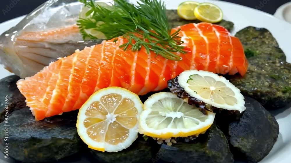 Arranging fresh fish and seafood on rocks with a black backdrop Arranging fresh fish and seafood on rocks with a black backdrop