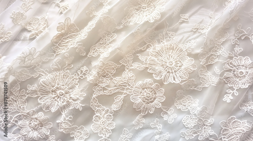 A delicate lace fabric texture with detailed patterns and a transparent ...