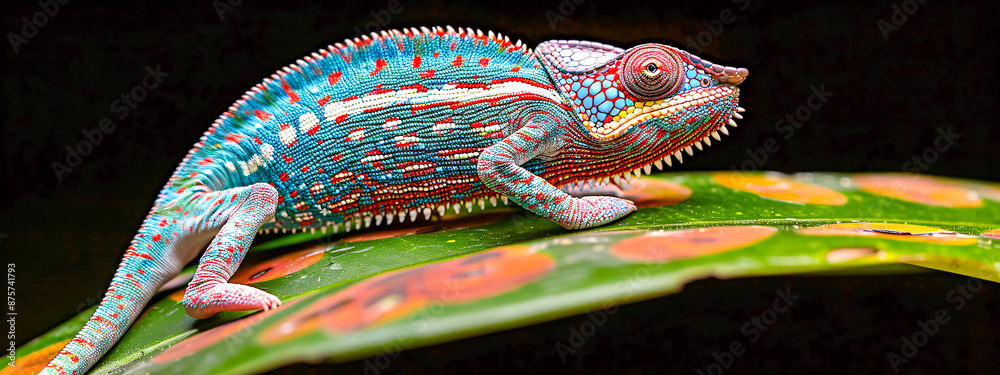 Detailed closeup of a colorful chameleon, showcasing its exotic features