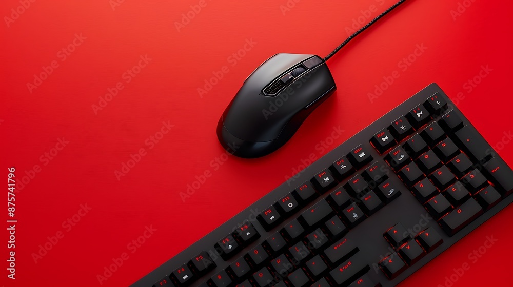Computer keyboard and mouse on red background close up
