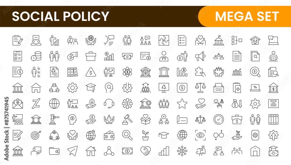 Set of Social Policy and Insuranceline icons. Outline icon collection related to education, insurance, law, goverment and more. Set of Social Policy and Insuranceline icons. Outline icon collection related to education, insurance, law, goverment and more.