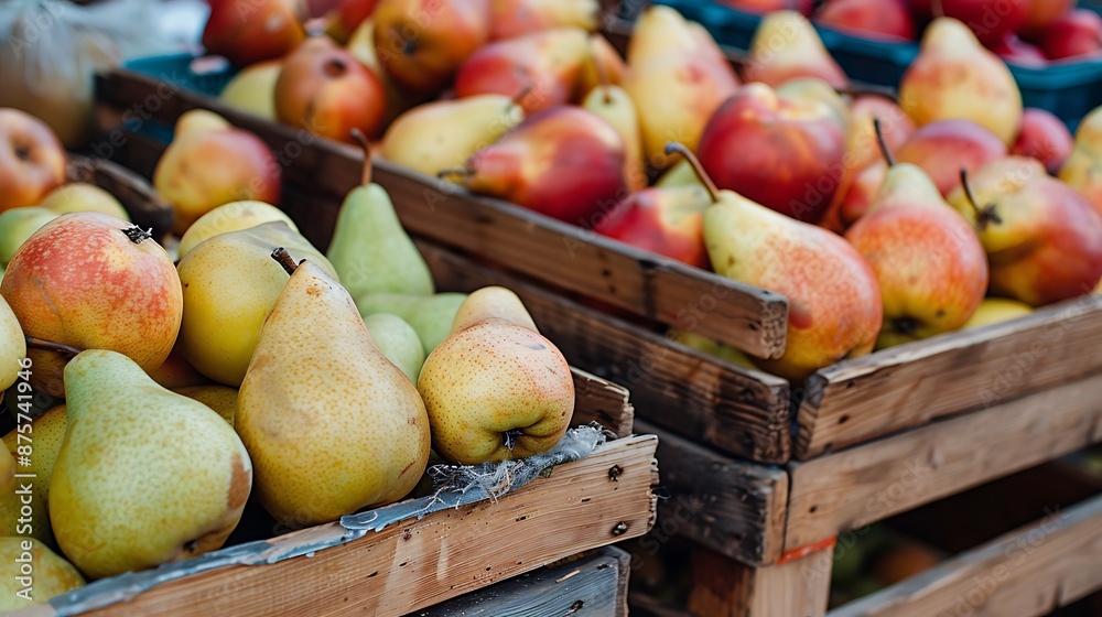 Crates of pears and apples at farmers market Crates of pears and apples at farmers market