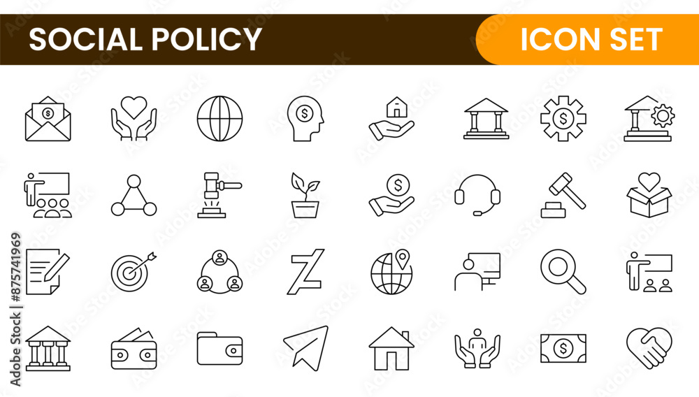 Set of Social Policy and Insuranceline icons. Outline icon collection related to education, insurance, law, goverment and more. Set of Social Policy and Insuranceline icons. Outline icon collection related to education, insurance, law, goverment and more.
