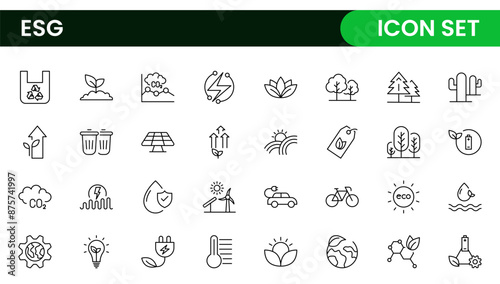 ESG flat line icon set. Outline icon collection related to ecology, environment social governance, risk management, sustainable developmen and more.