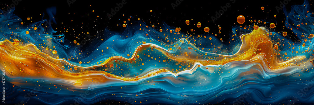 Abstract background with flowing blue and gold light waves, creating a magical effect