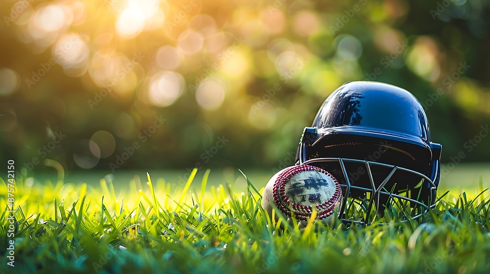 Cricket equipment is a cricket ball cricket bat cricket helmet on a grass background soft and selective focus Cricket equipment is a cricket ball cricket bat cricket helmet on a grass background soft and selective focus