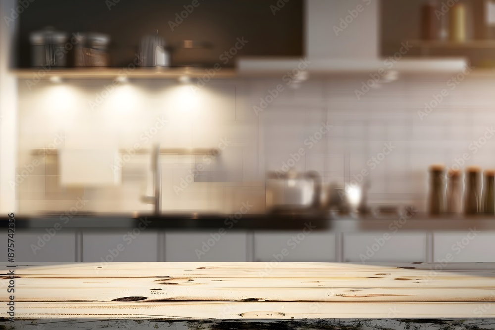 Rustic wooden table in modern kitchen with bright lighting and minimalist design blurred background Rustic wooden table in modern kitchen with bright lighting and minimalist design blurred background