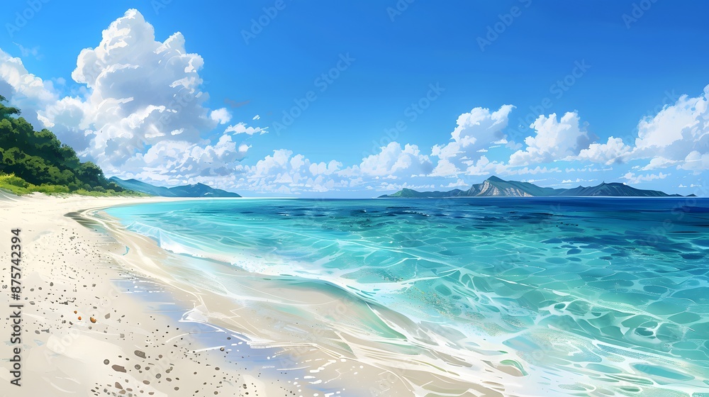 A pristine white sandy beach with crystal clear turquoise waters under the blue sky. The sand is soft and fine as if it were snow, creating an idyllic scene of tranquility. A pristine white sandy beach with crystal clear turquoise waters under the blue sky. The sand is soft and fine as if it were snow, creating an idyllic scene of tranquility.