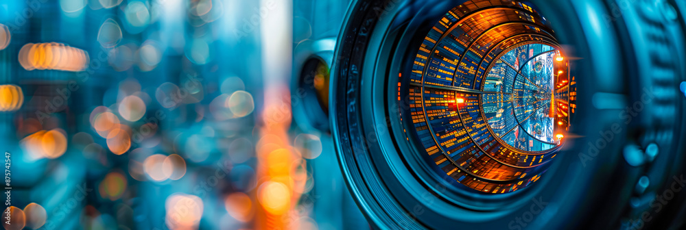 Closeup of a camera lens with reflections, representing digital photography