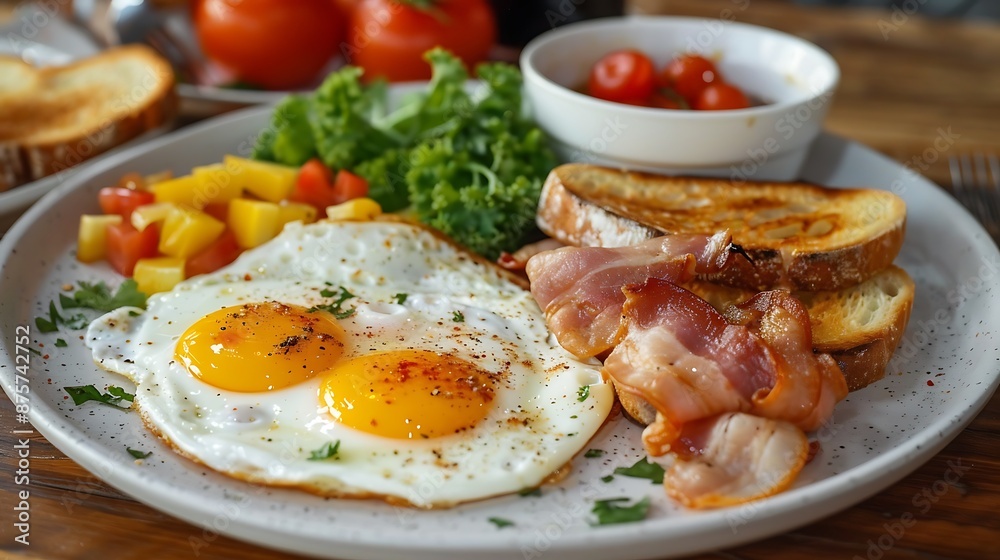 Delicious breakfast at cafe eggs with meat and toasts on a plate wooden table