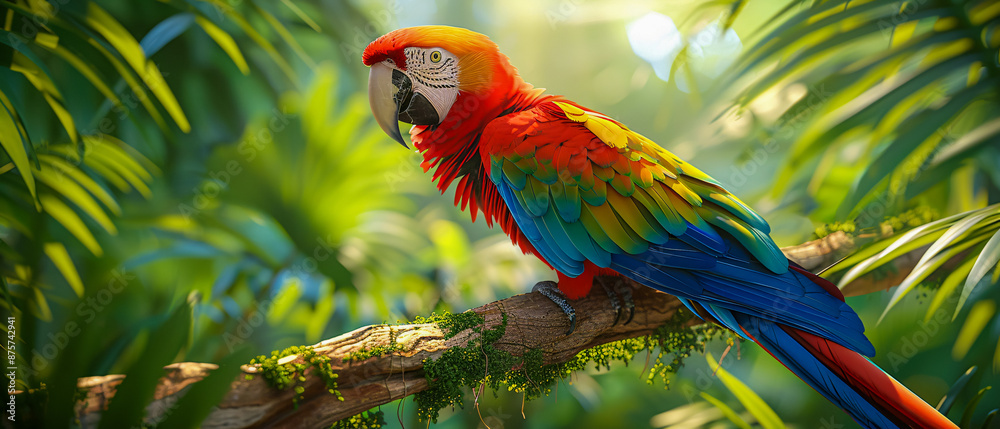 Closeup of a bright red and green macaw parrot, displaying its vibrant plumage