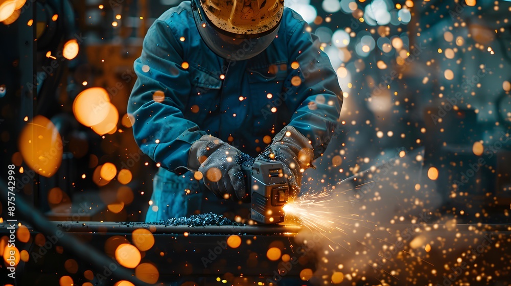 A worker in blue overalls uses an angle grinder to cut metal, sparks fly from the blade of his tool. a lot of light and sparks flying around him in high detail. A worker in blue overalls uses an angle grinder to cut metal, sparks fly from the blade of his tool. a lot of light and sparks flying around him in high detail.