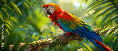 Obraz na płótnie Closeup of a bright red and green macaw parrot, displaying its vibrant plumage w salonie