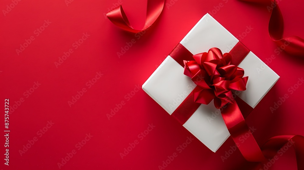 February 14 is coming out of a white gift box tied with red ribbon on red background February 14 is coming out of a white gift box tied with red ribbon on red background