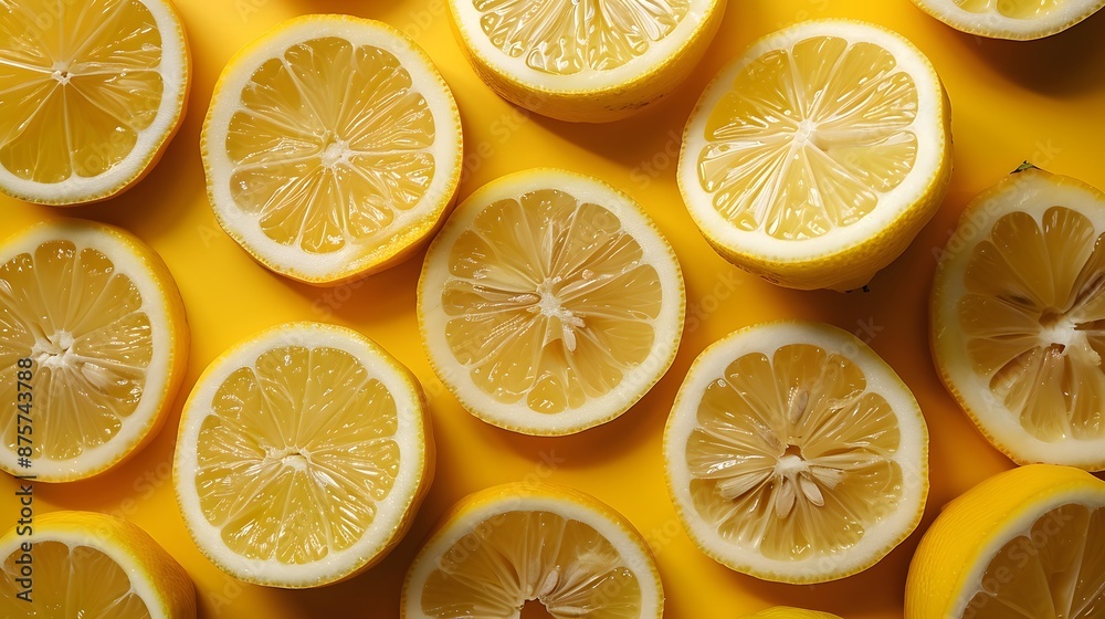 Bright and invigorating yellow background with fresh lemon slices neatly arranged, providing a sense of zest and vitality. Bright and invigorating yellow background with fresh lemon slices neatly arranged, providing a sense of zest and vitality.