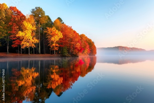 Breathtaking autumn landscape featuring vibrant fall foliage reflecting on a tranquil lake under a clear blue sky, creating a picturesque scene.