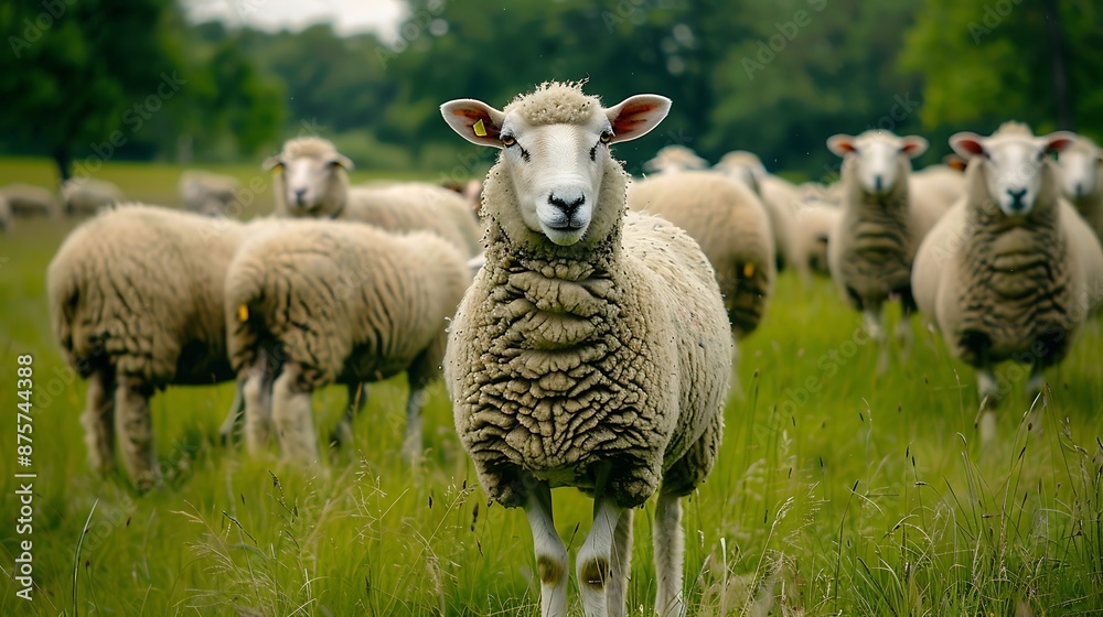 Fototapeta premium Flock of sheep is grazed on a pasture close up