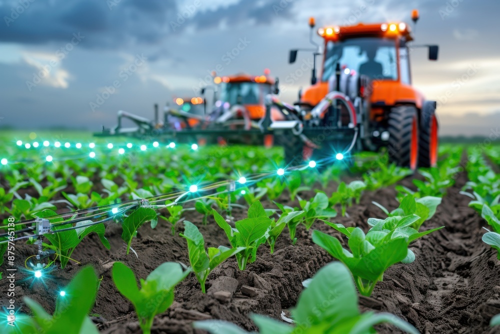 Advanced Farming Technology, Automated tractors in a lush field, Precision Agriculture Advanced Farming Technology, Automated tractors in a lush field, Precision Agriculture